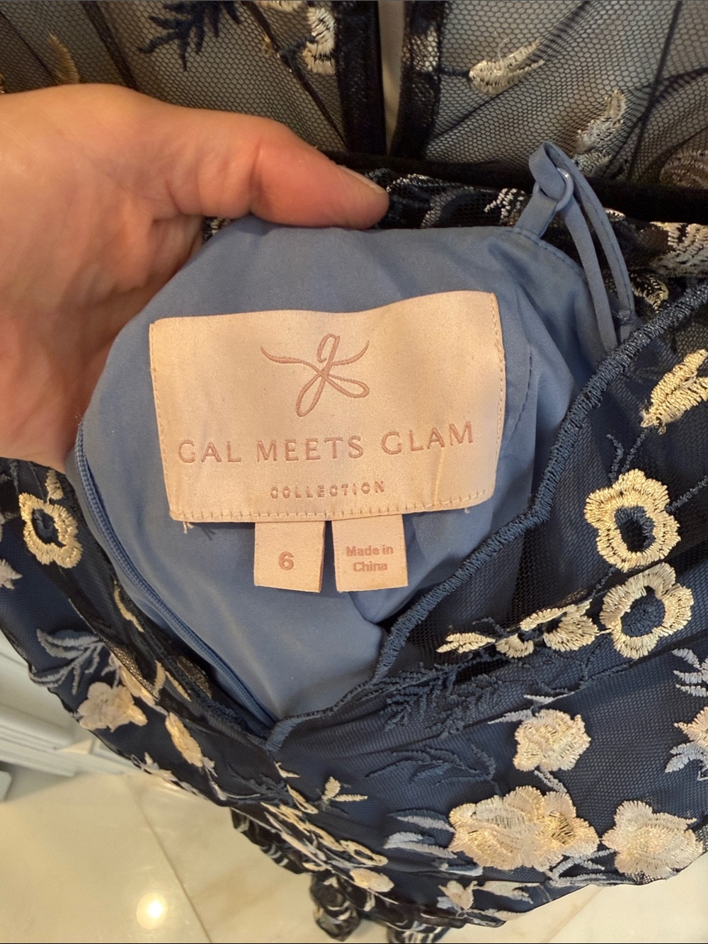 Gal Meets Glam Navy Dress with Cream Floral Embroidery - - Picture 6 of 6